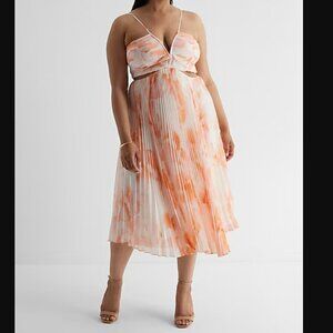 NWT Express Floral V-Neck Pleated Cutout Midi Dress, Peach and White, XL
